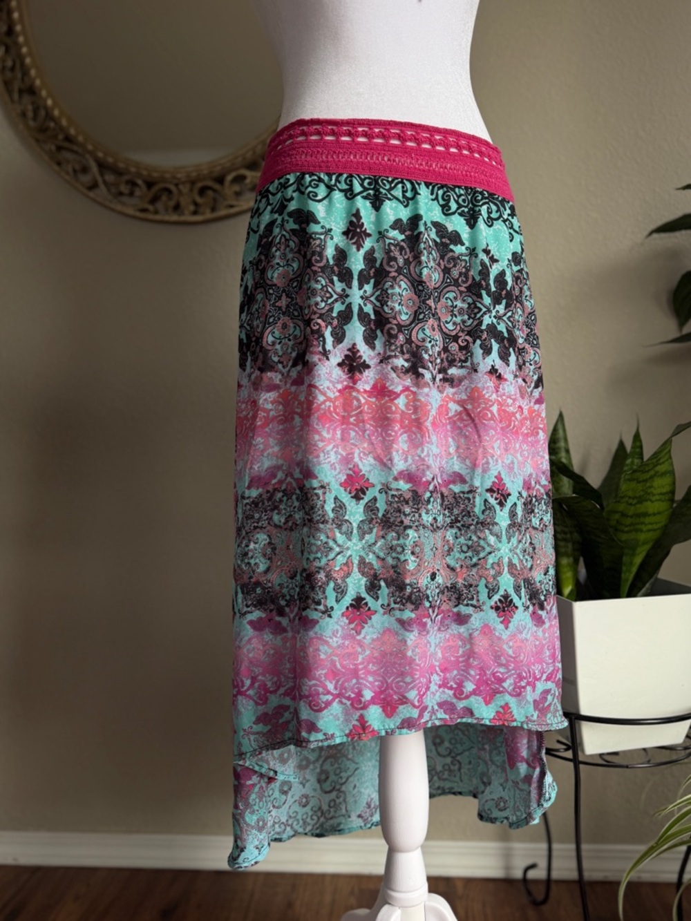 Tempted Pink & Teal High-Low Patterned Skirt